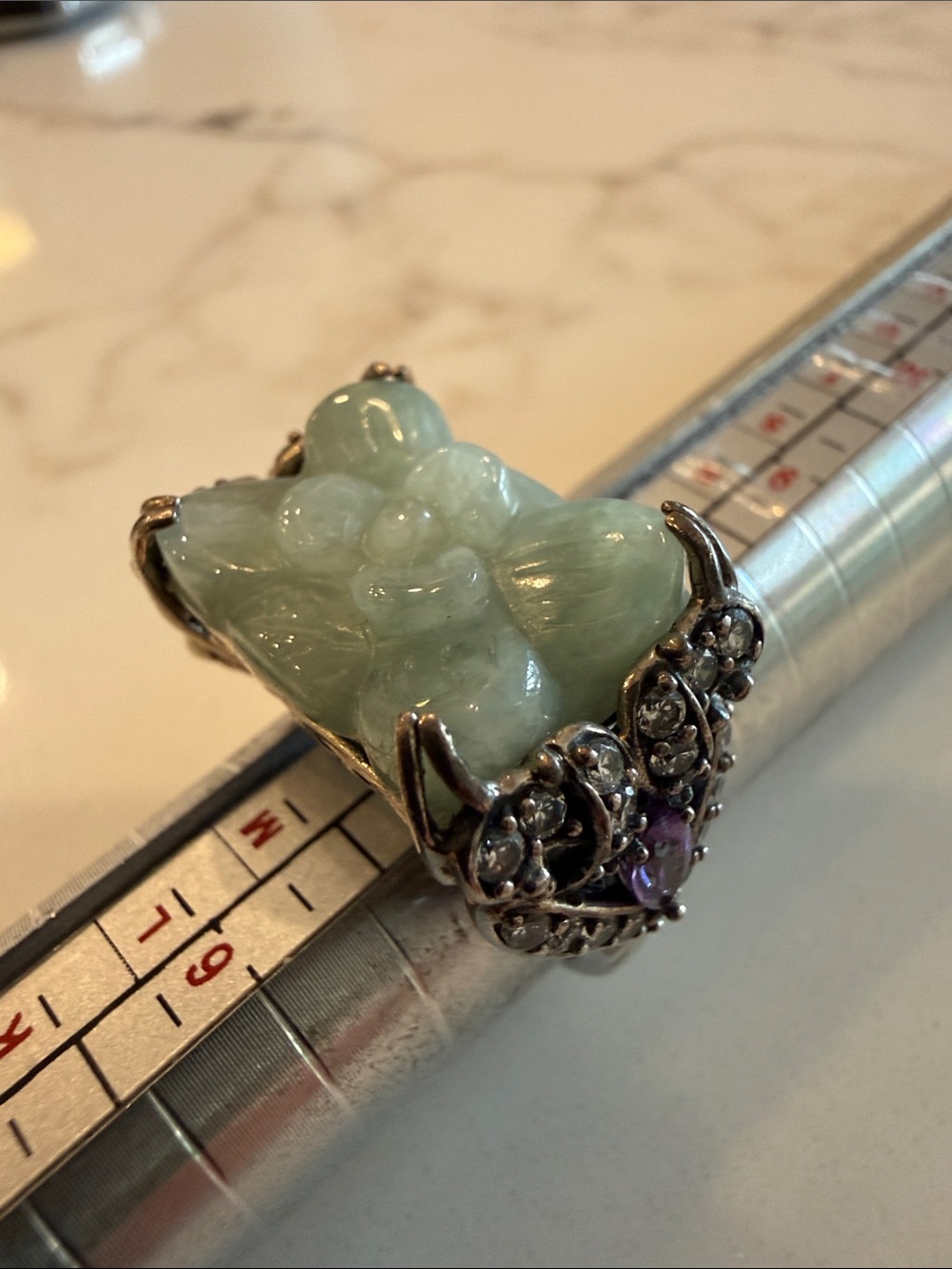 Jade of Yesterday silver ring with CZ and amethyst accents, size 7